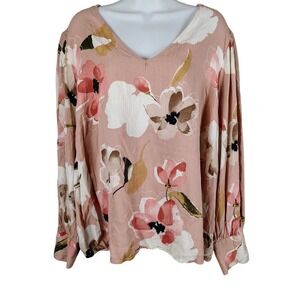 Ava‎ & Viv Womens 3X Pink Floral V-Neck Blouse Long Sleeve Chevron Rayon Top